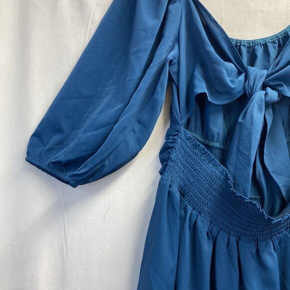 iGENJUN Off Shoulders Lantern Sleeve Smocked Backless A-Line Dress Women L Blue - Picture 16 of 16